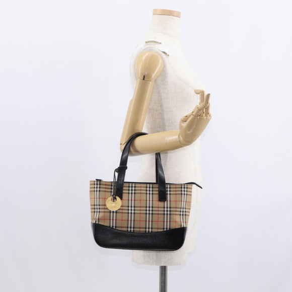BURBERRY Nova Check Hand Bag Canvas Beige Gold Auth am9824