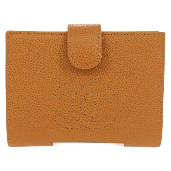 CHANEL Compact Wallet Caviar Skin Brown Gold CC Auth am9835V