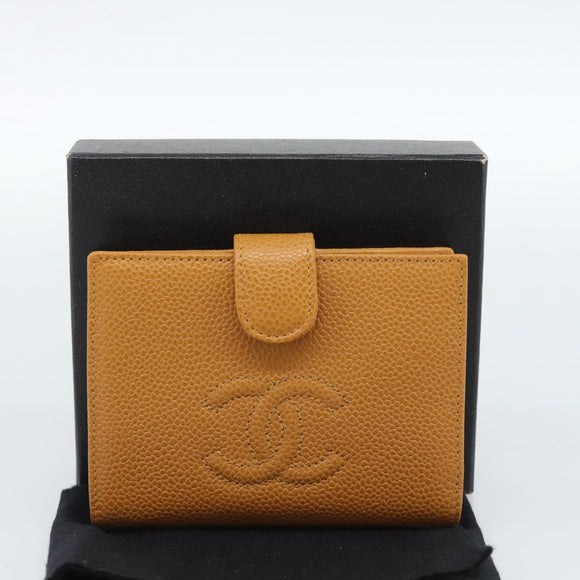 CHANEL Compact Wallet Caviar Skin Brown Gold CC Auth am9835V