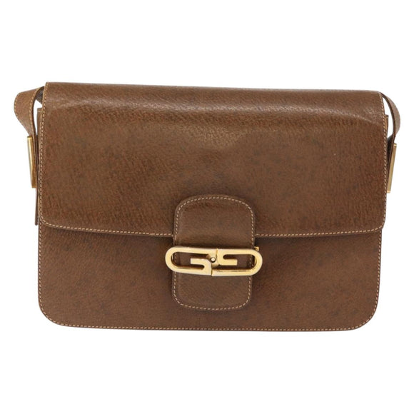 GUCCI Shoulder Bag Leather Brown Gold Auth am9842
