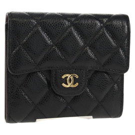 CHANEL Matelasse Compact Wallet Caviar Skin Black CC Auth am9849V