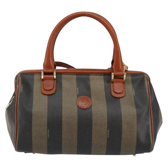 FENDI Pecan Canvas Mini Boston Bag PVC 2way Black Brown gold Auth am9884