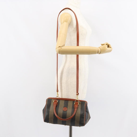 FENDI Pecan Canvas Mini Boston Bag PVC 2way Black Brown gold Auth am9884