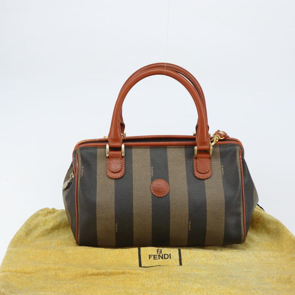 FENDI Pecan Canvas Mini Boston Bag PVC 2way Black Brown gold Auth am9884