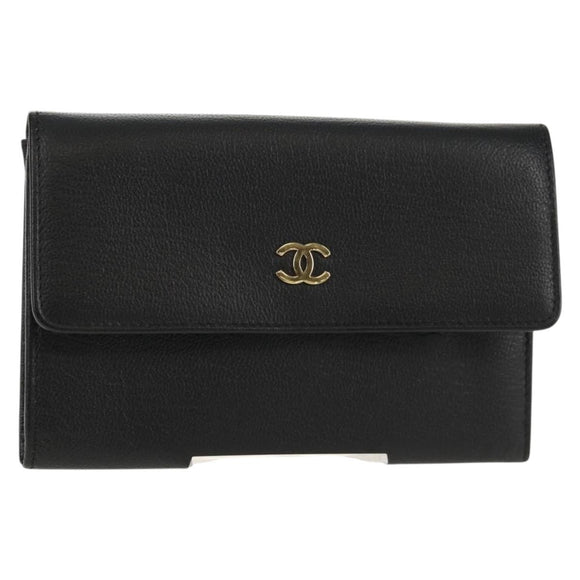 CHANEL Wallet Calf Skin Black Gold CC Auth am9909V