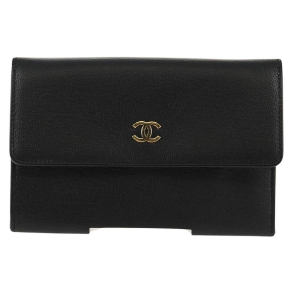 CHANEL Wallet Calf Skin Black Gold CC Auth am9909V