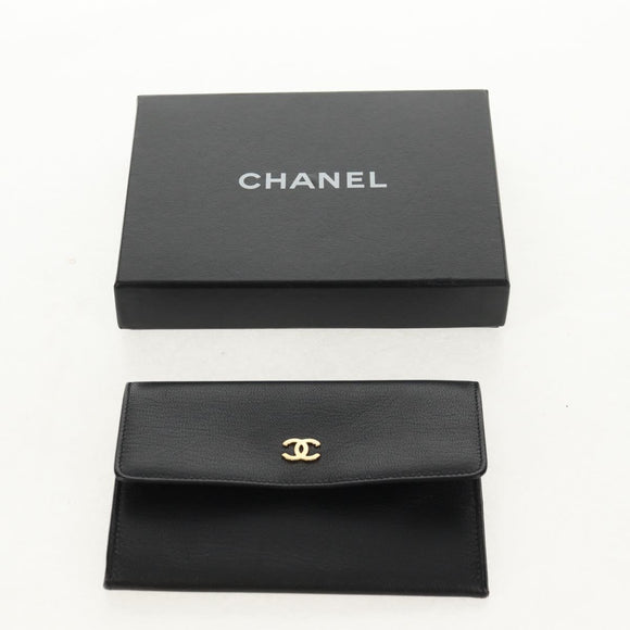 CHANEL Wallet Calf Skin Black Gold CC Auth am9909V