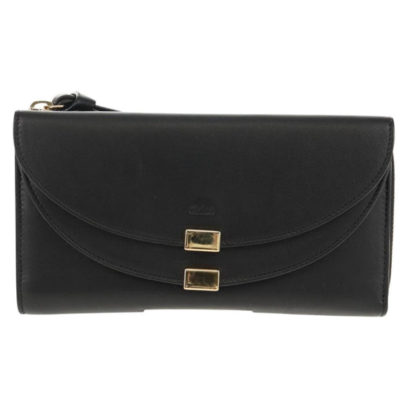 Chloe Long Wallet Leather Black Gold Auth am9913V