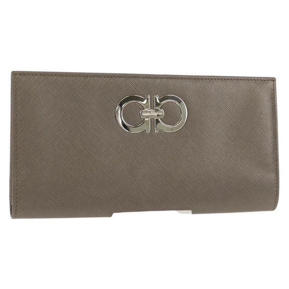 Salvatore Ferragamo Gancini Long Wallet Leather Silver Auth am9924V