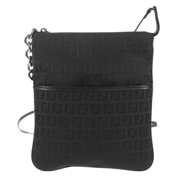 FENDI Zucchino Canvas Shoulder Bag Black Silver Auth am9929V