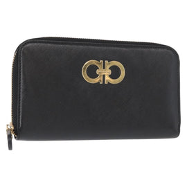 Salvatore Ferragamo Gancini Long Wallet Leather Black Gold Auth am9941