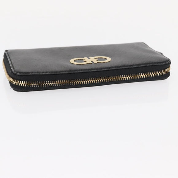 Salvatore Ferragamo Gancini Long Wallet Leather Black Gold Auth am9941