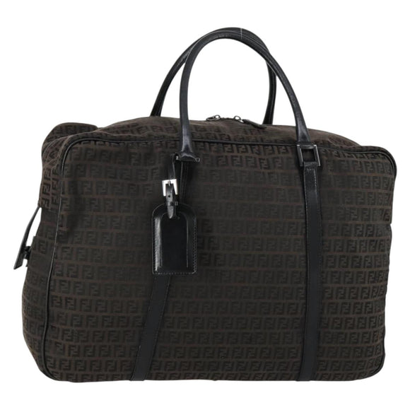 FENDI Zucchino Canvas Boston Bag Brown Black Auth am9942