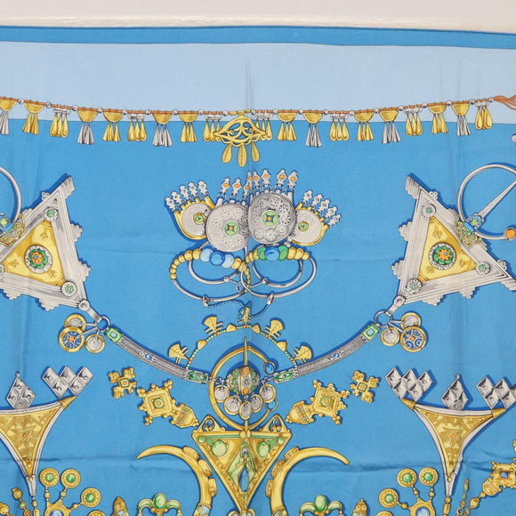 HERMES Carre 90 Scarf ""PARURES DES SABLES"" Silk Blue Auth am9988