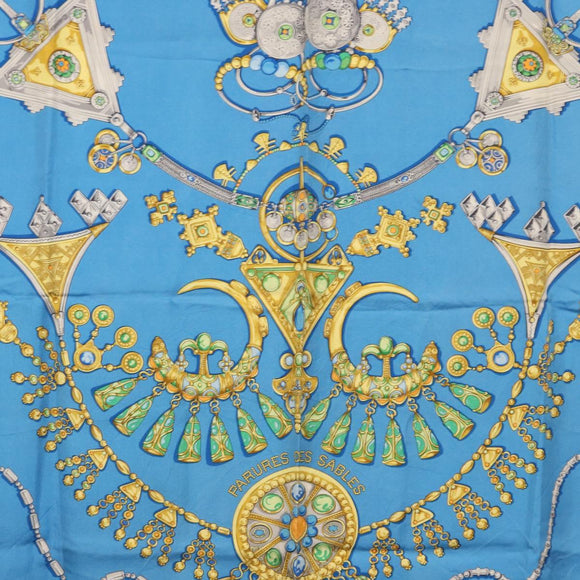 HERMES Carre 90 Scarf ""PARURES DES SABLES"" Silk Blue Auth am9988