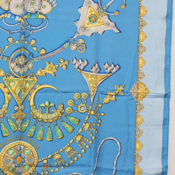 HERMES Carre 90 Scarf ""PARURES DES SABLES"" Silk Blue Auth am9988