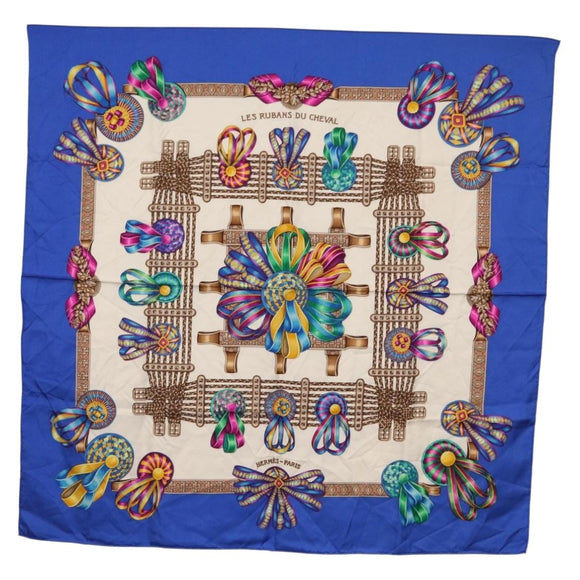 HERMES Carre 90 Scarf ""LES RUBANS DU CHEVAL"" Silk Blue Auth am9989