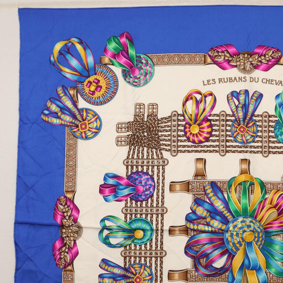 HERMES Carre 90 Scarf ""LES RUBANS DU CHEVAL"" Silk Blue Auth am9989