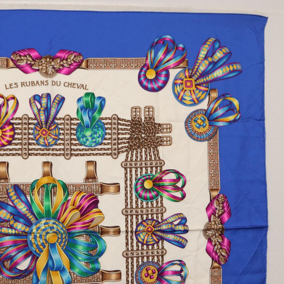 HERMES Carre 90 Scarf ""LES RUBANS DU CHEVAL"" Silk Blue Auth am9989