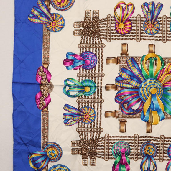 HERMES Carre 90 Scarf ""LES RUBANS DU CHEVAL"" Silk Blue Auth am9989
