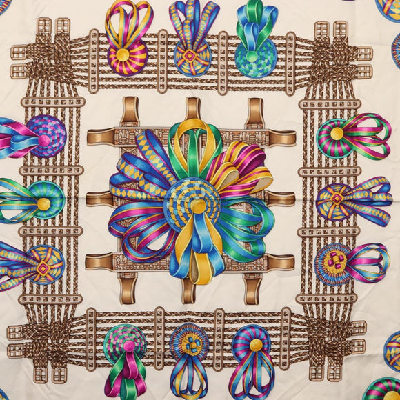 HERMES Carre 90 Scarf ""LES RUBANS DU CHEVAL"" Silk Blue Auth am9989