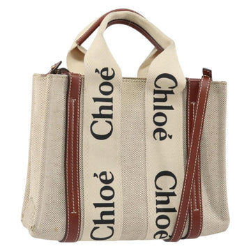 Chloe Woody Hand Bag Canvas Leather 2way Beige Gold Auth am9996