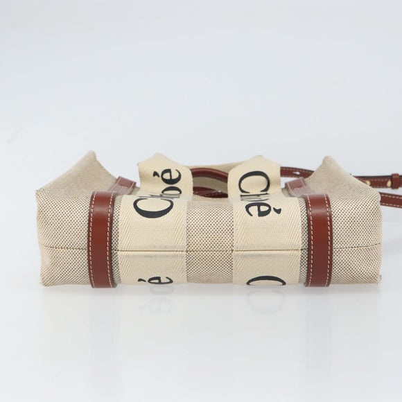 Chloe Woody Handtasche Canvas Leder 2way Beige Gold Auth am9996