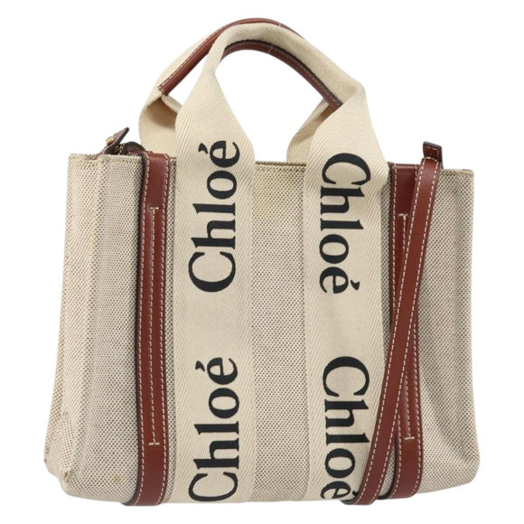 Chloe Woody Handtasche Canvas Leder 2way Beige Gold Auth am9996