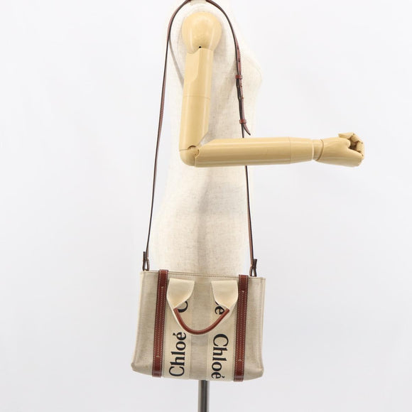 Chloe Woody Handtasche Canvas Leder 2way Beige Gold Auth am9996