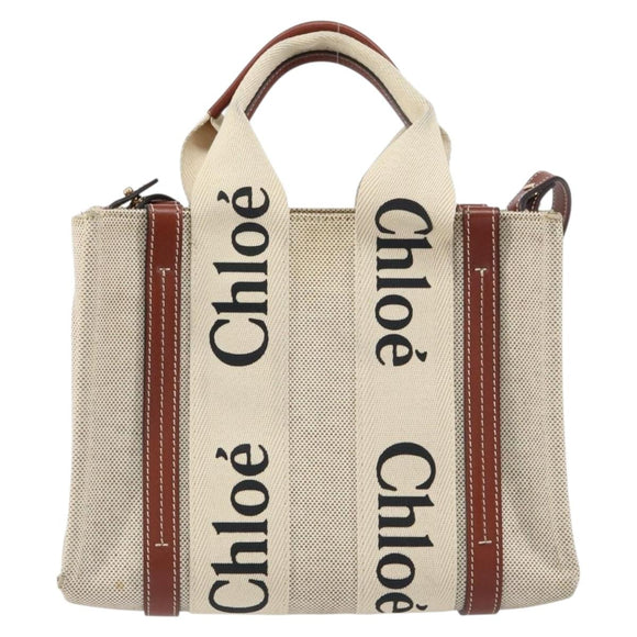 Chloe Woody Handtasche Canvas Leder 2way Beige Gold Auth am9996