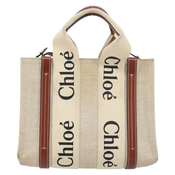 Chloe Woody Handtasche Canvas Leder 2way Beige Gold Auth am9996