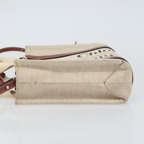 Chloe Woody Handtasche Canvas Leder 2way Beige Gold Auth am9996