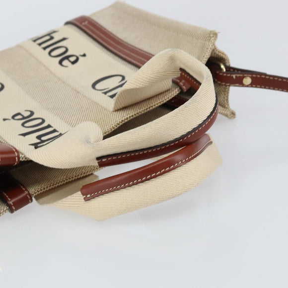 Chloe Woody Handtasche Canvas Leder 2way Beige Gold Auth am9996