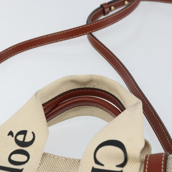 Chloe Woody Handtasche Canvas Leder 2way Beige Gold Auth am9996