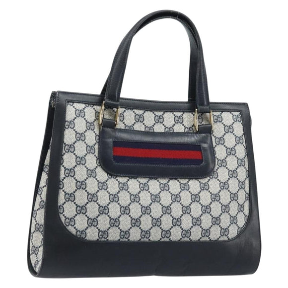 GUCCI GG Supreme Sherry Line Hand Bag PVC Navy Gold Auth AMZ016A