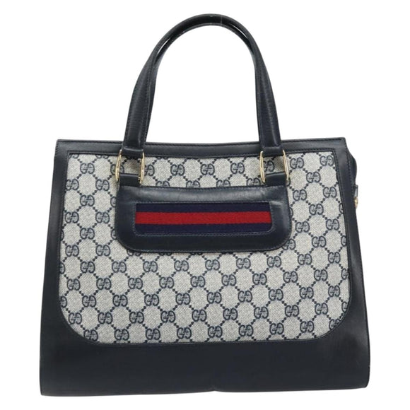 GUCCI GG Supreme Sherry Line Hand Bag PVC Navy Gold Auth AMZ016A