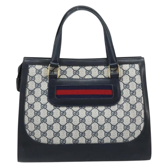 GUCCI GG Supreme Sherry Line Hand Bag PVC Navy Gold Auth AMZ016A