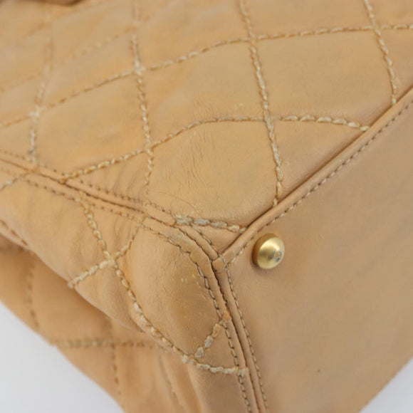 CHANEL Wild Stitch Hand Bag Leather Beige Gold CC Auth AMZ064