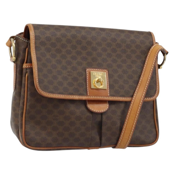CELINE Macadam Canvas Shoulder Bag PVC Leather Brown Gold Auth AMZ082A