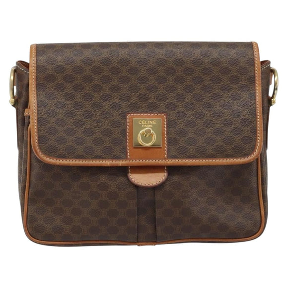 CELINE Macadam Canvas Shoulder Bag PVC Leather Brown Gold Auth AMZ082A