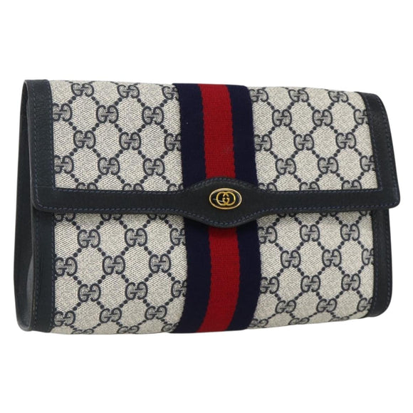 GUCCI GG Supreme Sherry Line Clutch Bag PVC Navy Red 67 014 3087 Auth AMZ090
