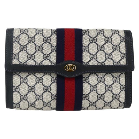 GUCCI GG Supreme Sherry Line Clutch Bag PVC Navy Red 67 014 3087 Auth AMZ090
