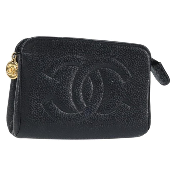 CHANEL COCO Mark Pouch Caviar Skin Black Gold CC Auth AMZ108
