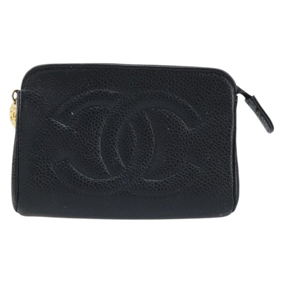 CHANEL COCO Mark Pouch Caviar Skin Black Gold CC Auth AMZ108