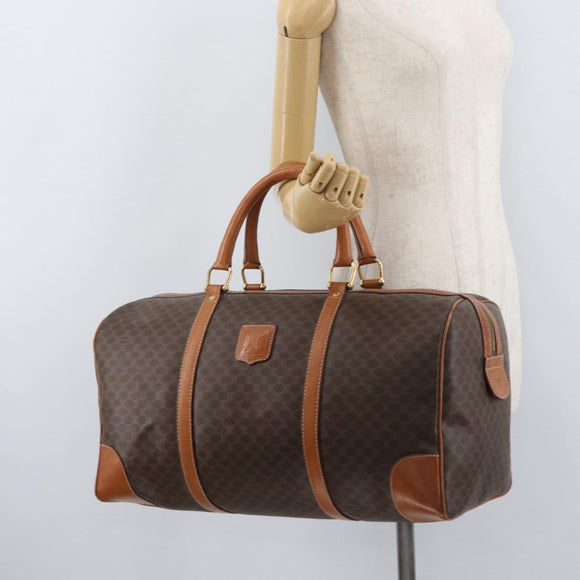 CELINE Macadam Canvas Boston Bag PVC Leather Brown Gold Auth AMZ156A