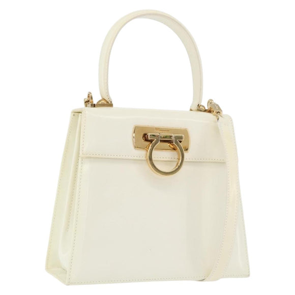 Salvatore Ferragamo Gancini Hand Bag Patent leather 2way Ivory Gold Auth AMZ162