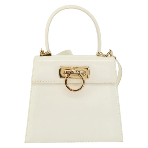 Salvatore Ferragamo Gancini Hand Bag Patent leather 2way Ivory Gold Auth AMZ162