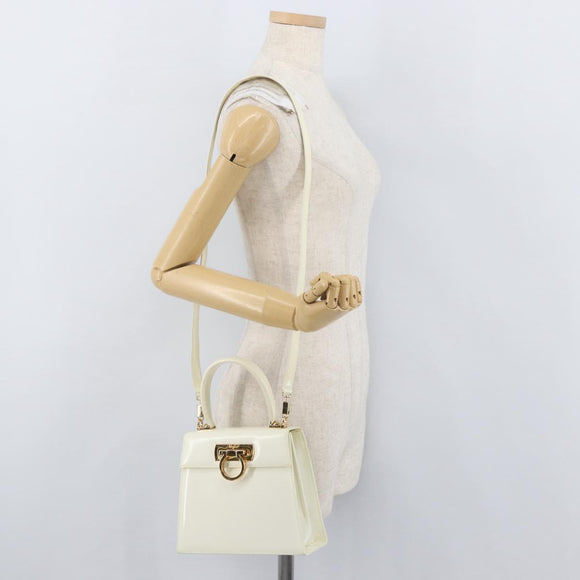 Salvatore Ferragamo Gancini Hand Bag Patent leather 2way Ivory Gold Auth AMZ162