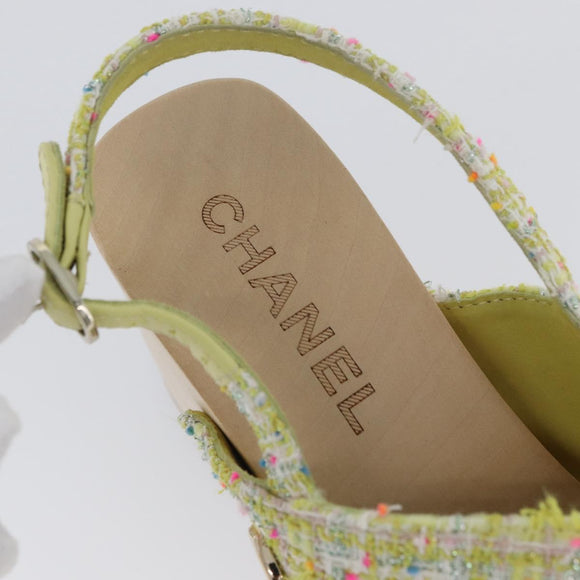 CHANEL COCO Mark Sandals Tweed Yellow CC Auth AMZ178M