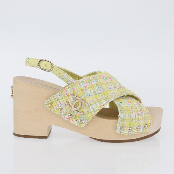 CHANEL COCO Mark Sandals Tweed Yellow CC Auth AMZ178M